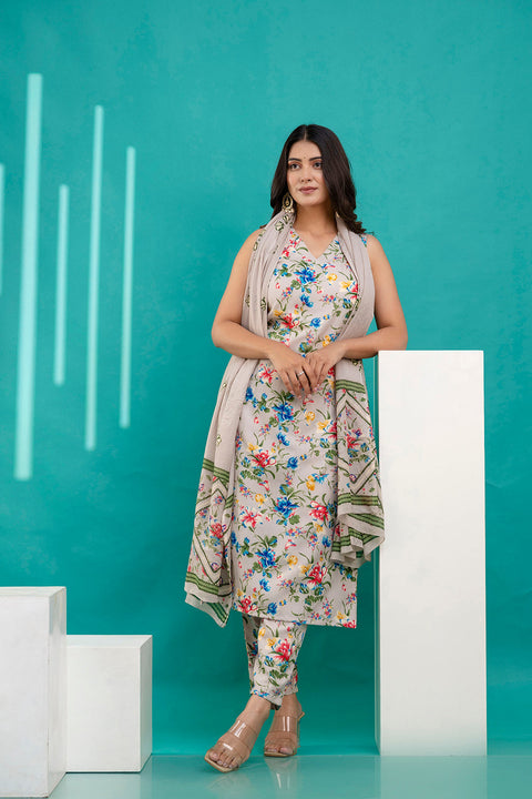 Women Beige Printed Kurta With Trouser and Dupatta