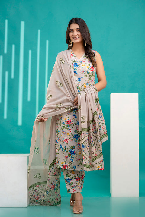 Women Beige Printed Kurta With Trouser and Dupatta