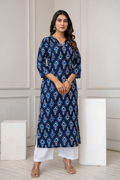 Women Navy Blue Printed Straight Kurta with Three Quarter Sleeves