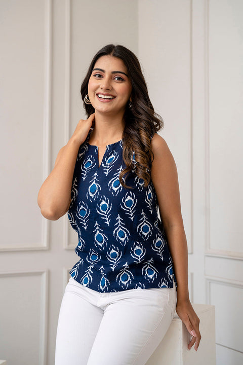 Women Navy Blue Printed Straight Tunic