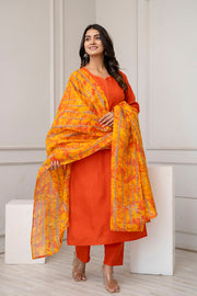 Orange Straight Kurta Set With Printed Dupatta for Women