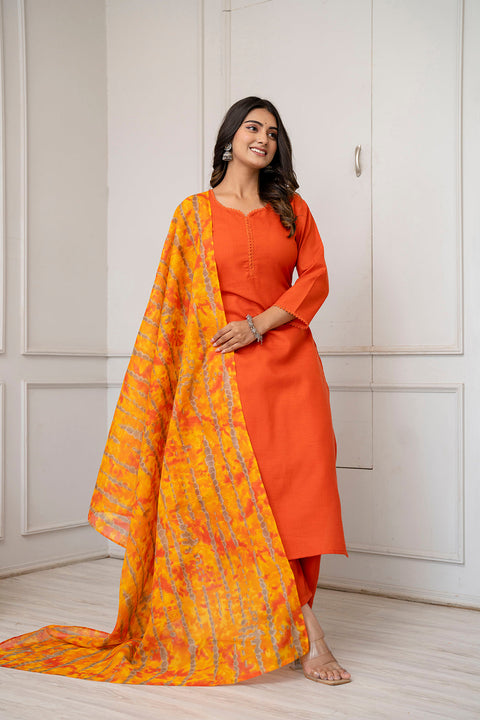 Orange Straight Kurta Set With Printed Dupatta for Women