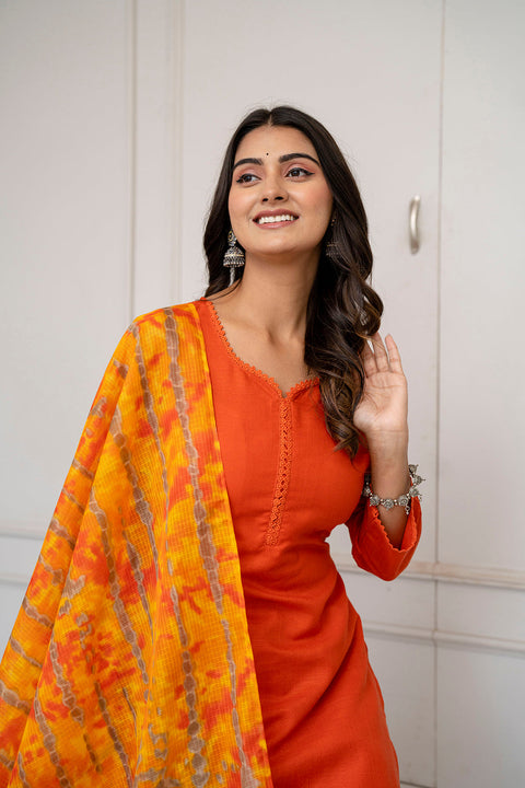 Orange Straight Kurta Set With Printed Dupatta for Women