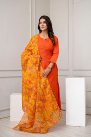 Orange Straight Kurta Set With Printed Dupatta for Women