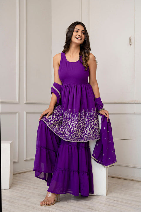 Nayo Purple Embroidered Kurti and Sharara Set With Dupatta