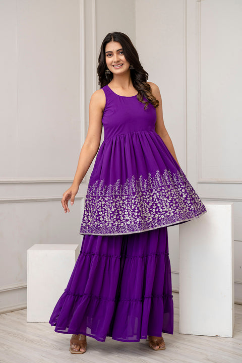 Nayo Purple Embroidered Kurti and Sharara Set With Dupatta