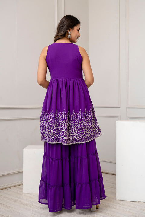 Nayo Purple Embroidered Kurti and Sharara Set With Dupatta