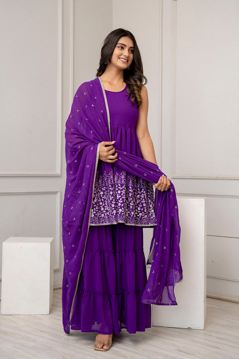 Nayo Purple Embroidered Kurti and Sharara Set With Dupatta