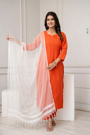 Orange Straight Kurta Set With Net Dupatta for Women