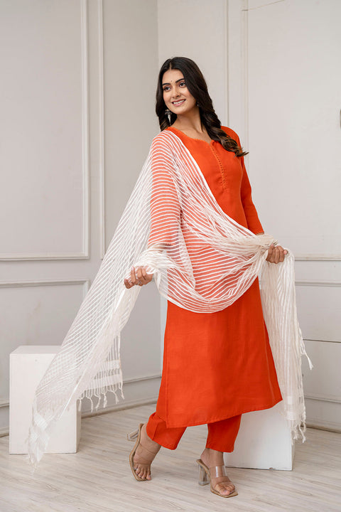 Orange Straight Kurta Set With Net Dupatta for Women