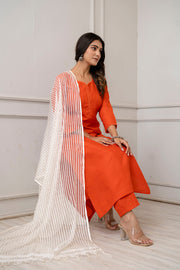 Orange Straight Kurta Set With Net Dupatta for Women