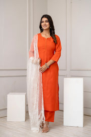 Orange Straight Kurta Set With Net Dupatta for Women