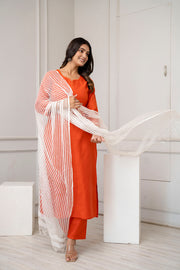 Orange Straight Kurta Set With Net Dupatta for Women