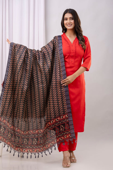 Red Straight Kurta Set With Printed Dupatta for Women