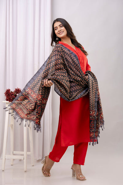 Red Straight Kurta Set With Printed Dupatta for Women