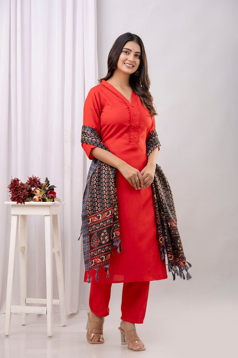 Red Straight Kurta Set With Printed Dupatta for Women