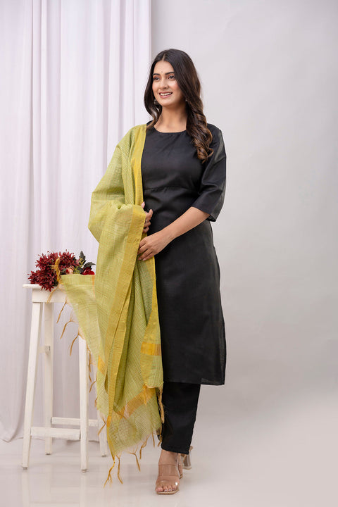 Black Straight Kurta Set With Printed Dupatta for Women