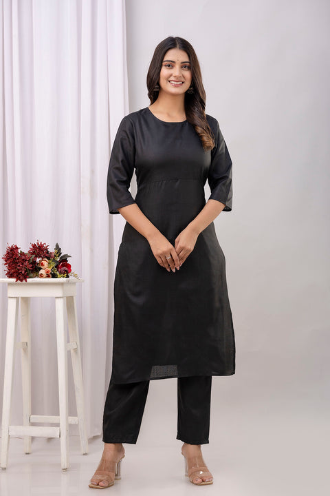 Black Straight Kurta Set With Printed Dupatta for Women