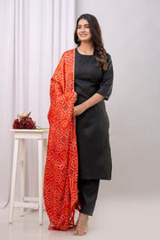 Black Straight Kurta Set With Printed Dupatta for Women