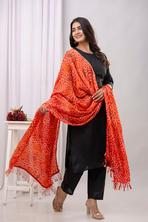 Black Straight Kurta Set With Printed Dupatta for Women