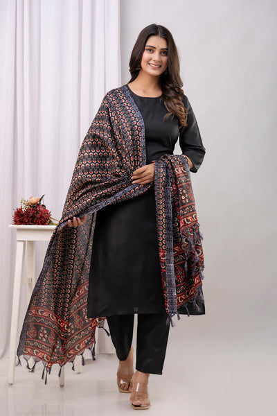 Black Straight Kurta Set With Printed Dupatta for Women