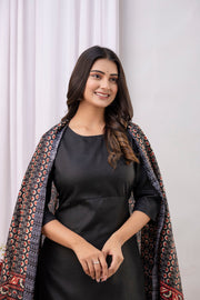 Black Straight Kurta Set With Printed Dupatta for Women