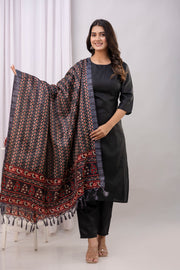 Black Straight Kurta Set With Printed Dupatta for Women