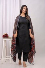 Black Straight Kurta Set With Printed Dupatta for Women