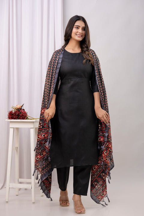 Black Straight Kurta Set With Printed Dupatta for Women