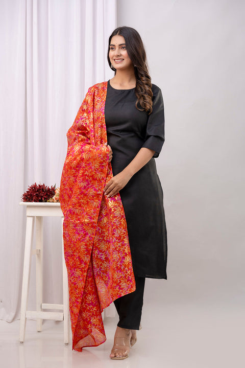 Black Straight Kurta Set With Printed Dupatta for Women