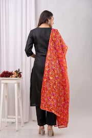 Black Straight Kurta Set With Printed Dupatta for Women