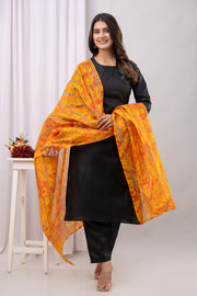 Black Straight Kurta Set With Printed Dupatta for Women