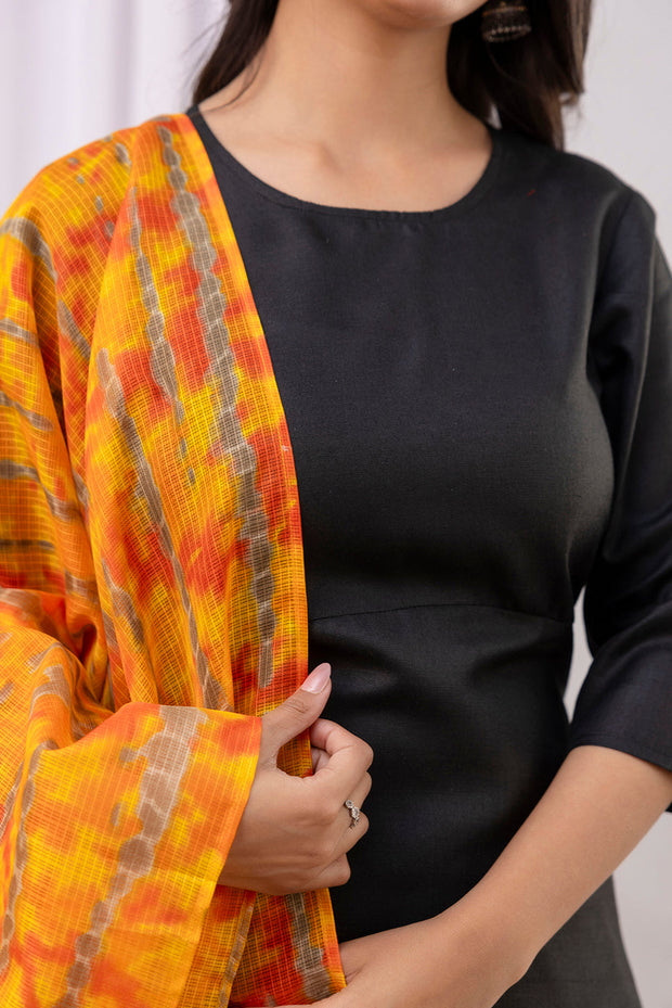 Black Straight Kurta Set With Printed Dupatta for Women