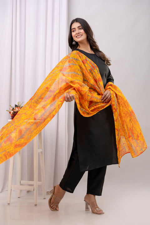 Black Straight Kurta Set With Printed Dupatta for Women