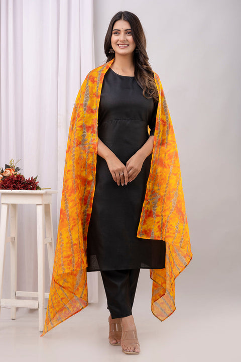 Black Straight Kurta Set With Printed Dupatta for Women