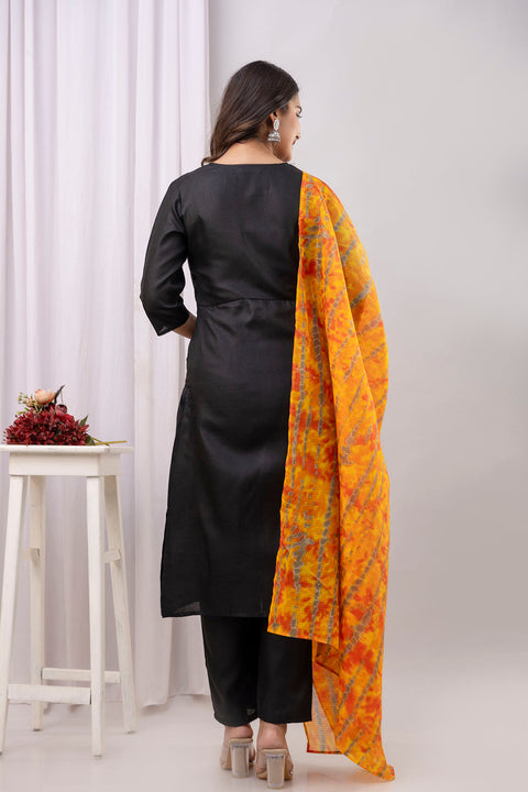 Black Straight Kurta Set With Printed Dupatta for Women