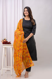 Black Straight Kurta Set With Printed Dupatta for Women