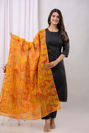 Black Straight Kurta Set With Printed Dupatta for Women