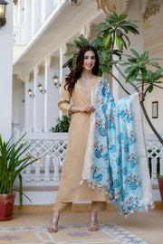 Beige Straight Kurta Set With Printed Dupatta for Women