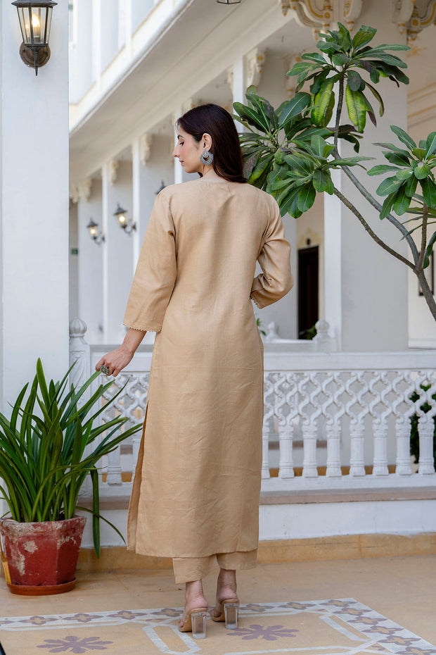 Beige Straight Kurta Set With Printed Dupatta for Women