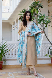 Beige Straight Kurta Set With Printed Dupatta for Women