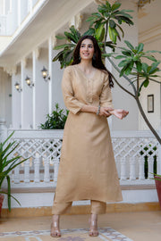 Beige Straight Kurta Set With Printed Dupatta for Women