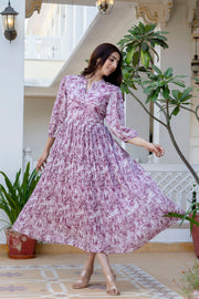 Women Mauve Georgette Pleated Dress