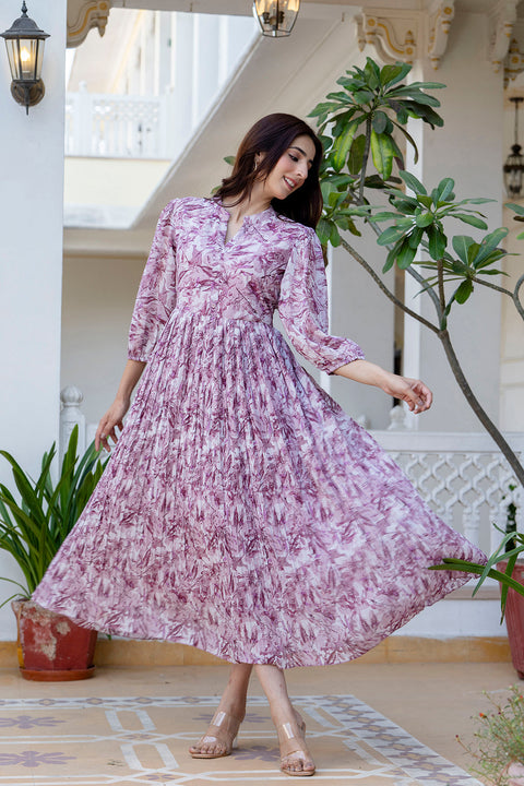 Women Mauve Georgette Pleated Dress