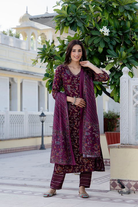 Burgundy Printed Straight Kurta Set With Dupatta for Women