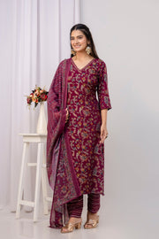 Burgundy Printed Straight Kurta Set With Dupatta for Women