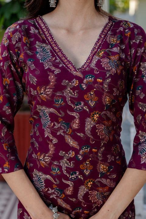 Burgundy Printed Straight Kurta Set With Dupatta for Women