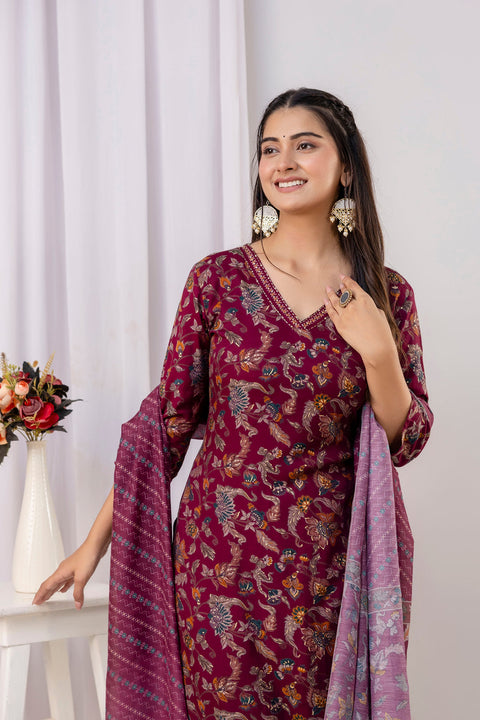 Burgundy Printed Straight Kurta Set With Dupatta for Women