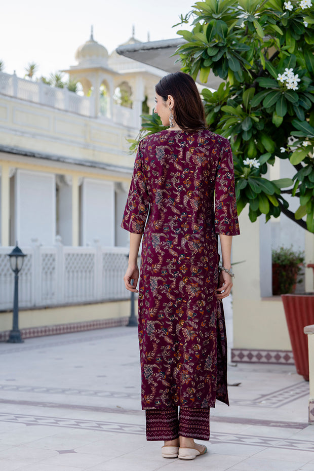 Burgundy Printed Straight Kurta Set With Dupatta for Women