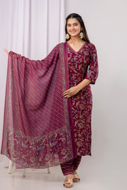 Burgundy Printed Straight Kurta Set With Dupatta for Women